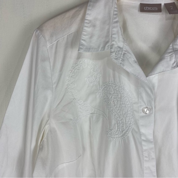Chico's 100% Cotton Paisley Embroidered Button Up Down Shirt Top Blouse 2 Large - Picture 3 of 5